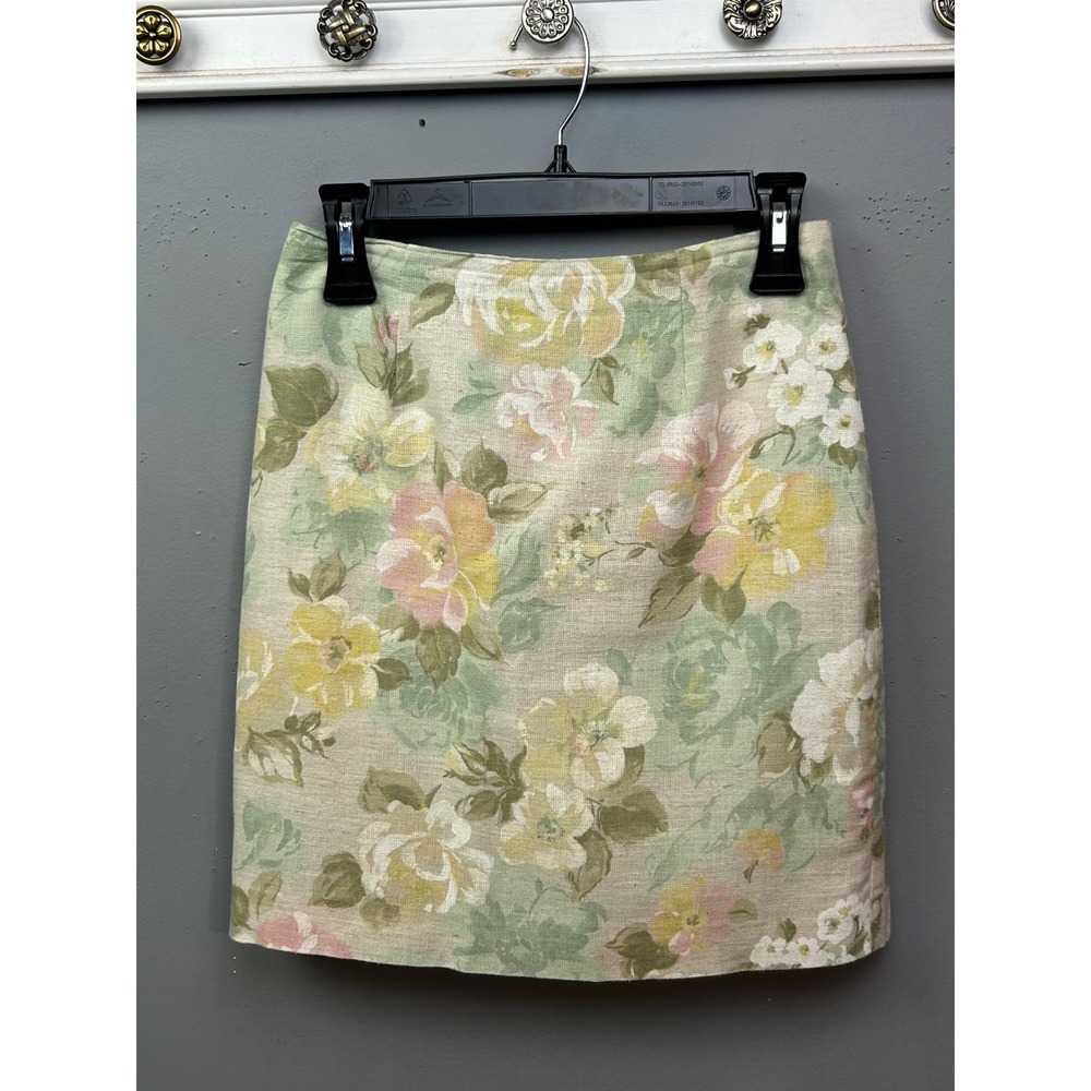 Daily Habit Skirt Women 7 Green Floral Watercolor Rayon Linen Mini Vintage